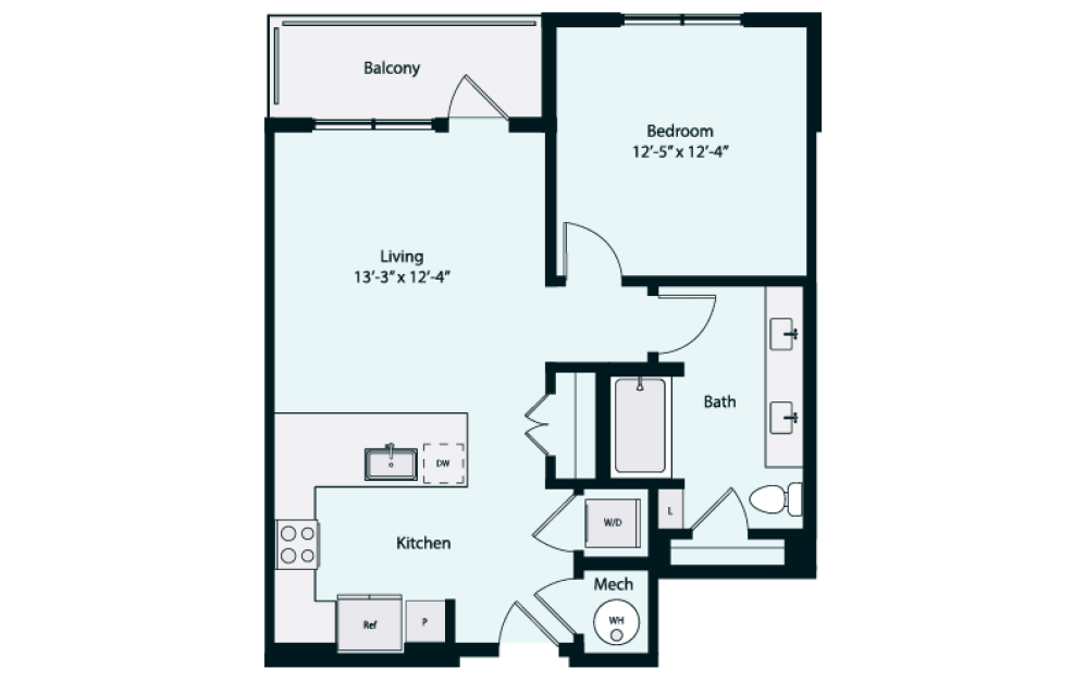 Bria A2-1A - 1 bedroom floorplan layout with 1 bathroom and 742 square feet (2D)