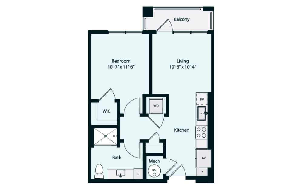 Bria JR1-1 - 1 bedroom floorplan layout with 1 bathroom and 570 square feet (2D)