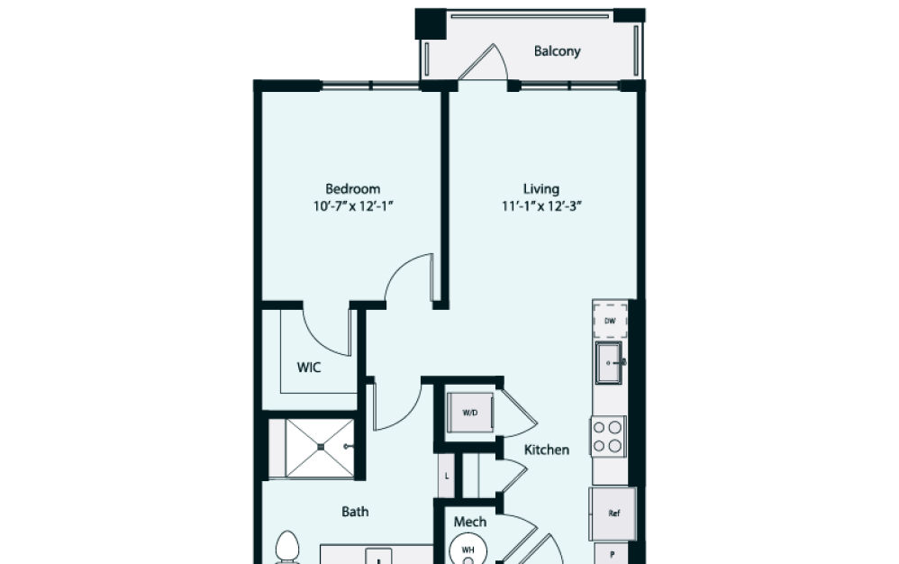 Bria JR2-1 - 1 bedroom floorplan layout with 1 bathroom and 653 square feet (2D)