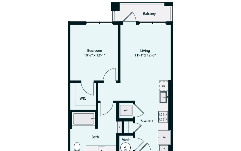 Bria JR2-1A - 1 bedroom floorplan layout with 1 bathroom and 653 square feet (2D)