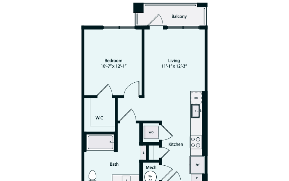 Bria JR2-1ADA - 1 bedroom floorplan layout with 1 bathroom and 653 square feet (2D)