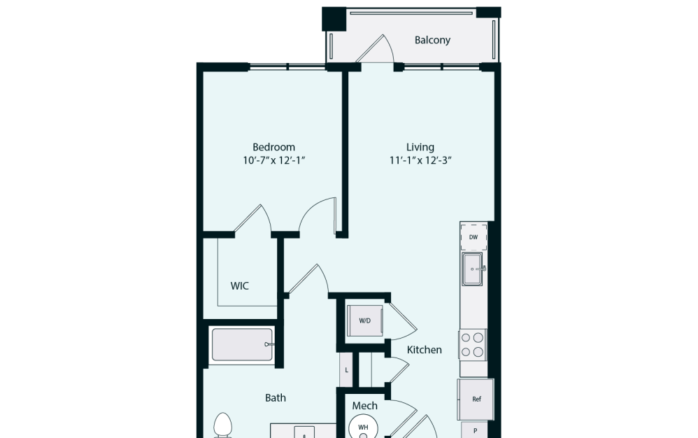 Bria JR2-1 ADA - 1 bedroom floorplan layout with 1 bathroom and 653 square feet (2D)